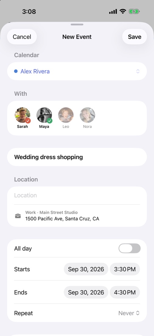 New event with family members tagged