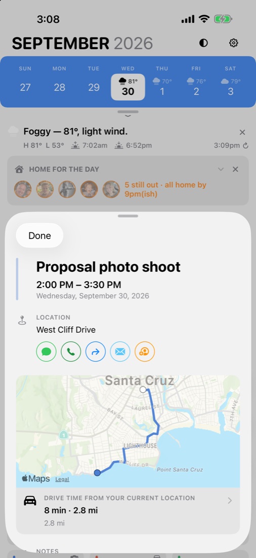 Event detail with map and drive time